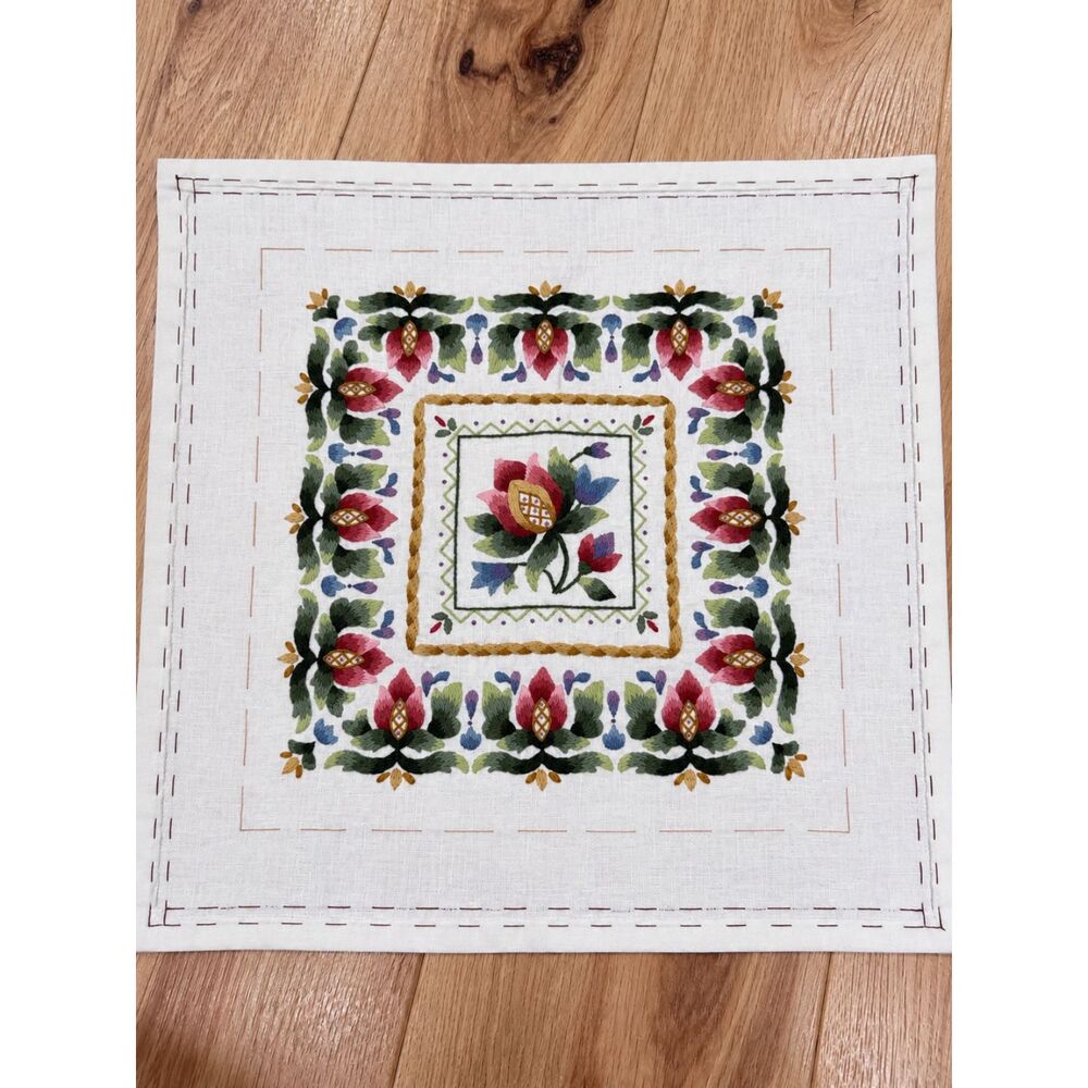 Completed Floral Crewel Embroidery 12x12 Unframed Needlework Cottagecore